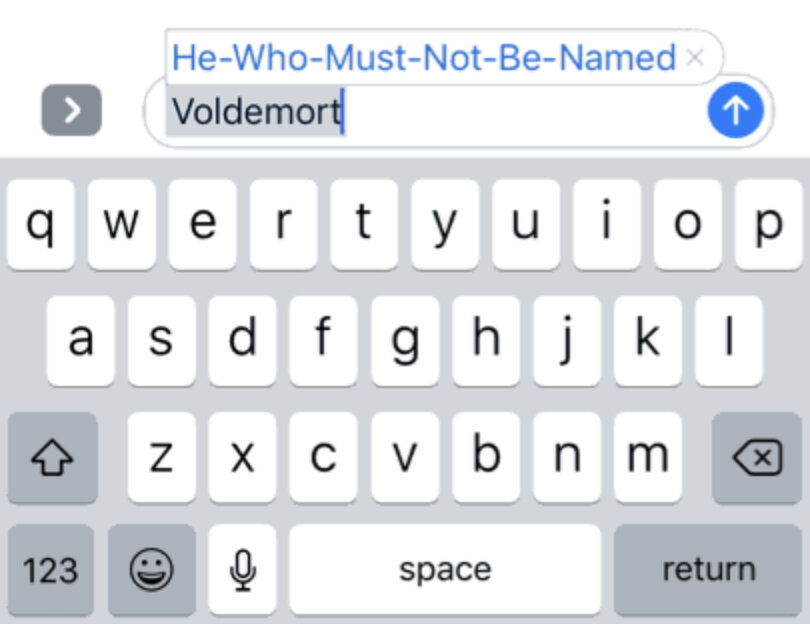 iPhone screen showing the text Voldemort transforming into He Who Must Not Be Named