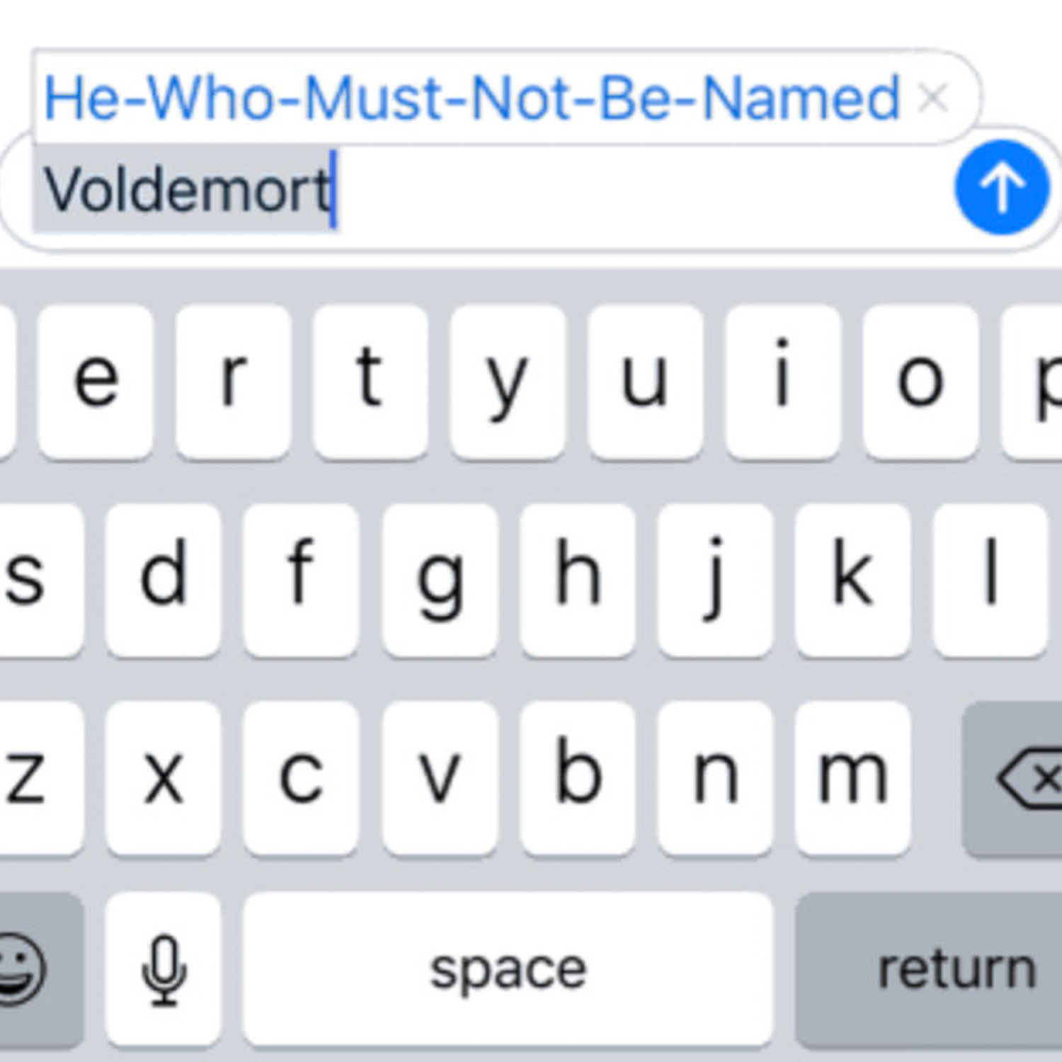 iPhone screen showing the text Voldemort transforming into He Who Must Not Be Named