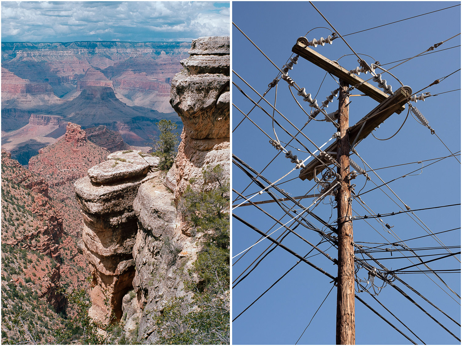 Left photograph is the Grand Canyon. Right photograph is a utility pole.