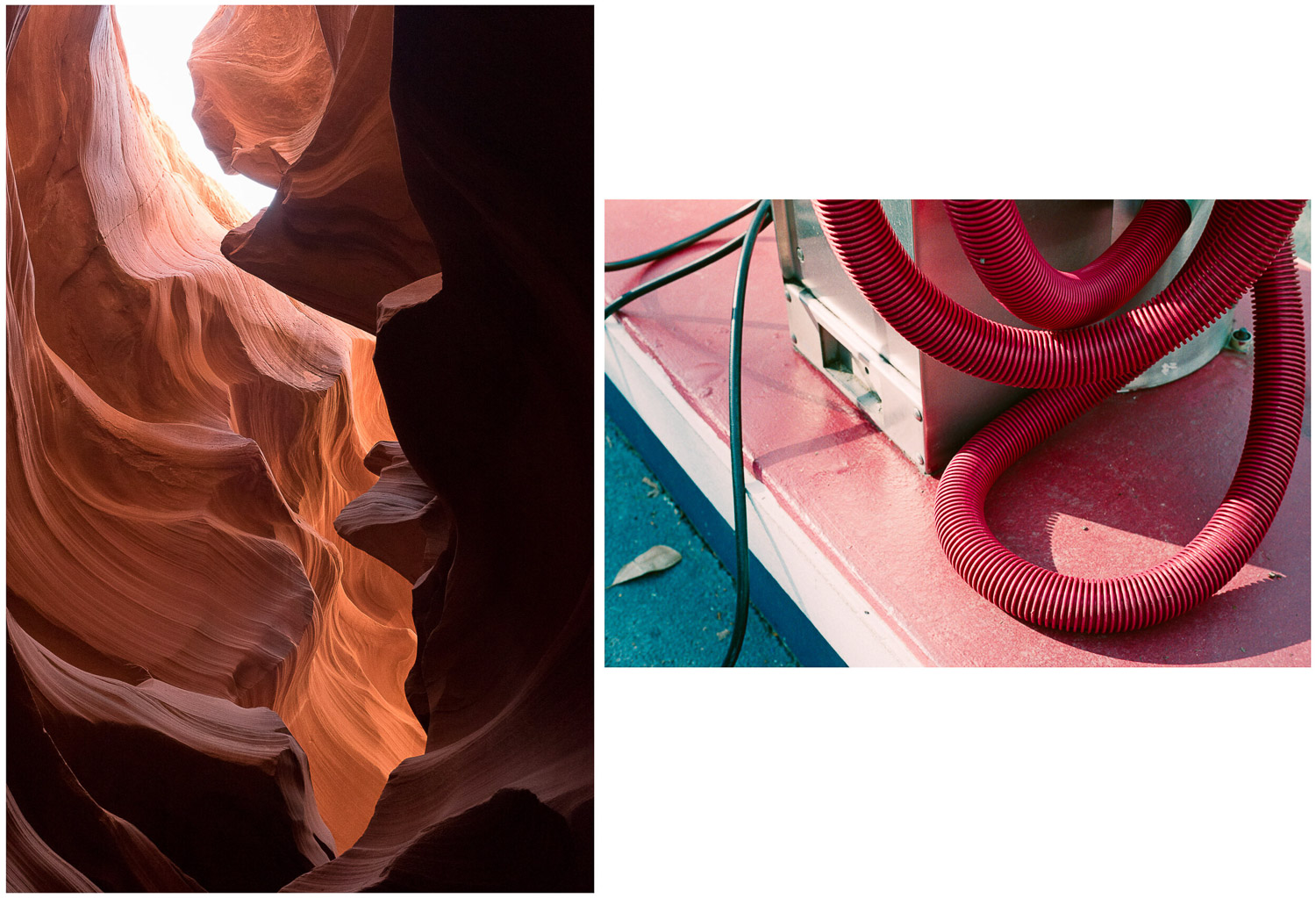 Left photograph is the Antelope Slot Canyon. Right photograph is a red hose at a car wash.